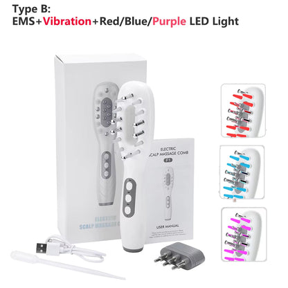 Electric Scalp Massage Comb Blue Red LED Light Therapy EMS Scalp Massager Anti-Hair Loss Oil Applicator Hair Massage Brush